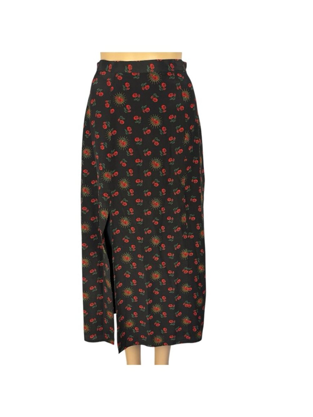 Baldwin Kansas City Floral Midi Skirt Silk Women’s Sz XS Black/Red Slit Roses